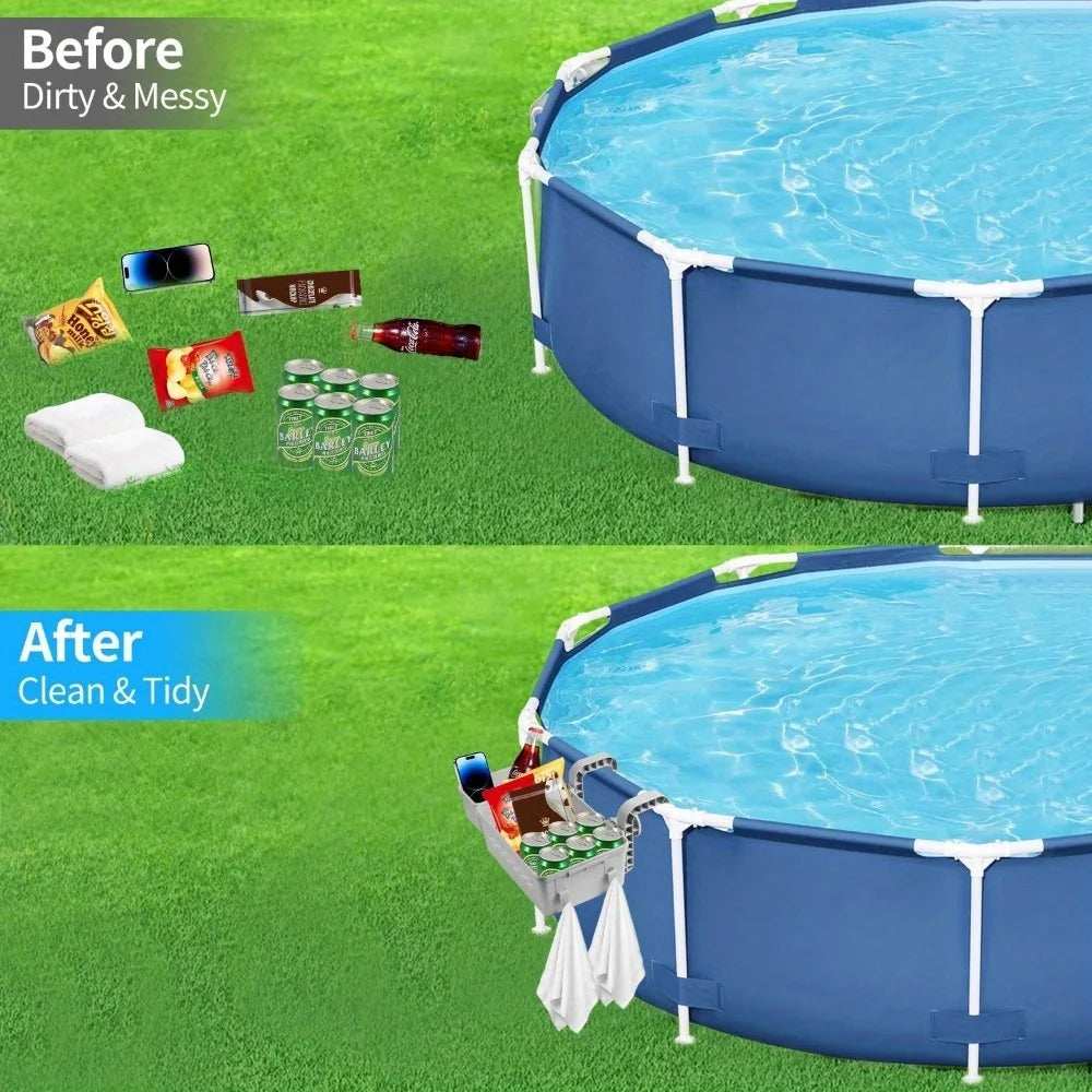 EZ Poolside Storage Basket with Pool Cup Holder, Thickened Plastic Pool Basket for Above Ground Pool Accessories, Outdoor Swimming