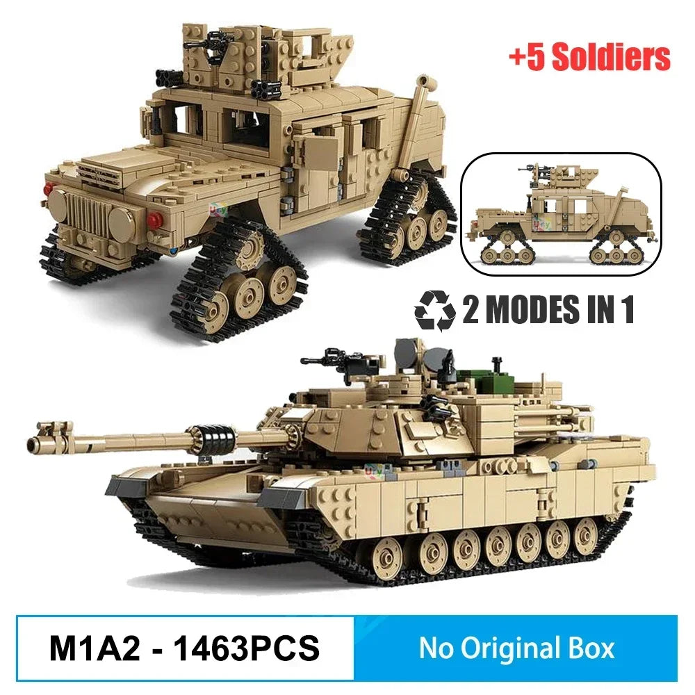 EZ 2in1 WW2 Military M1A2 Abrams MBT Tank Model Army Cannon Chariot Set Soldier Figures DIY Building Blocks Toys for Boys Kids Gift