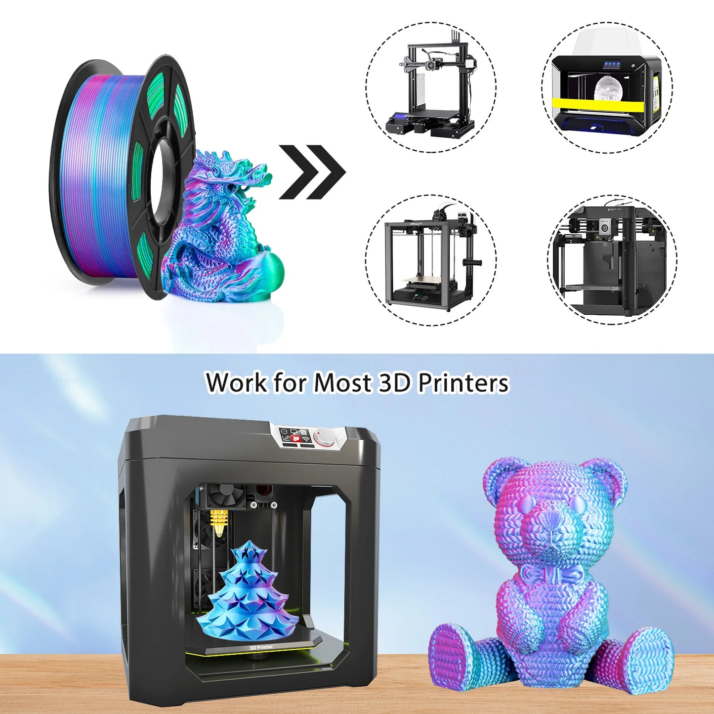 EZ Tricolor Silk PLA 3D Printer Filament, 1.75mm Multicolor 3D Printing Filament, Red&Blue&Green Filament, 250g (0.55lbs)