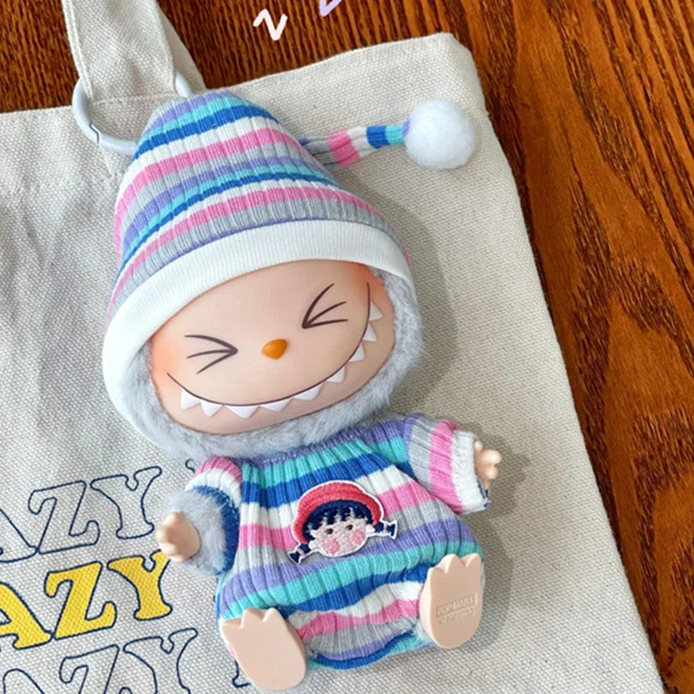 EZ 17cm Mini Doll'S Clothes Outfit Accessories for Labubu Sitting Party V1 V2 Autumn Onesie Hat Set Accessories