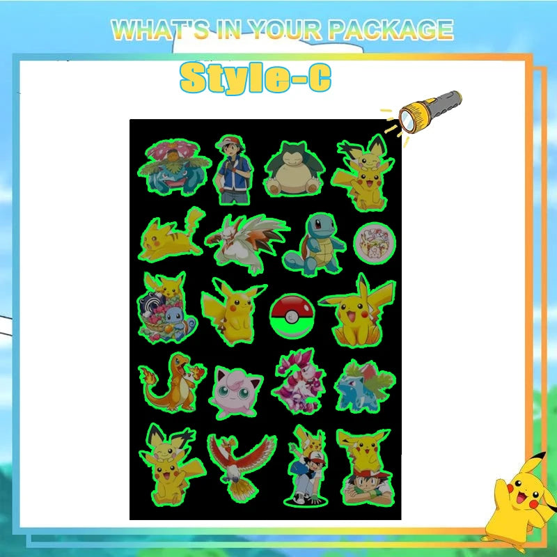 EZ Pokemon Luminous Tattoos for Kids Pikachu Styles Temporary Tattoos Stickers Boys Girls Glow Party Supplies Gifts for Children