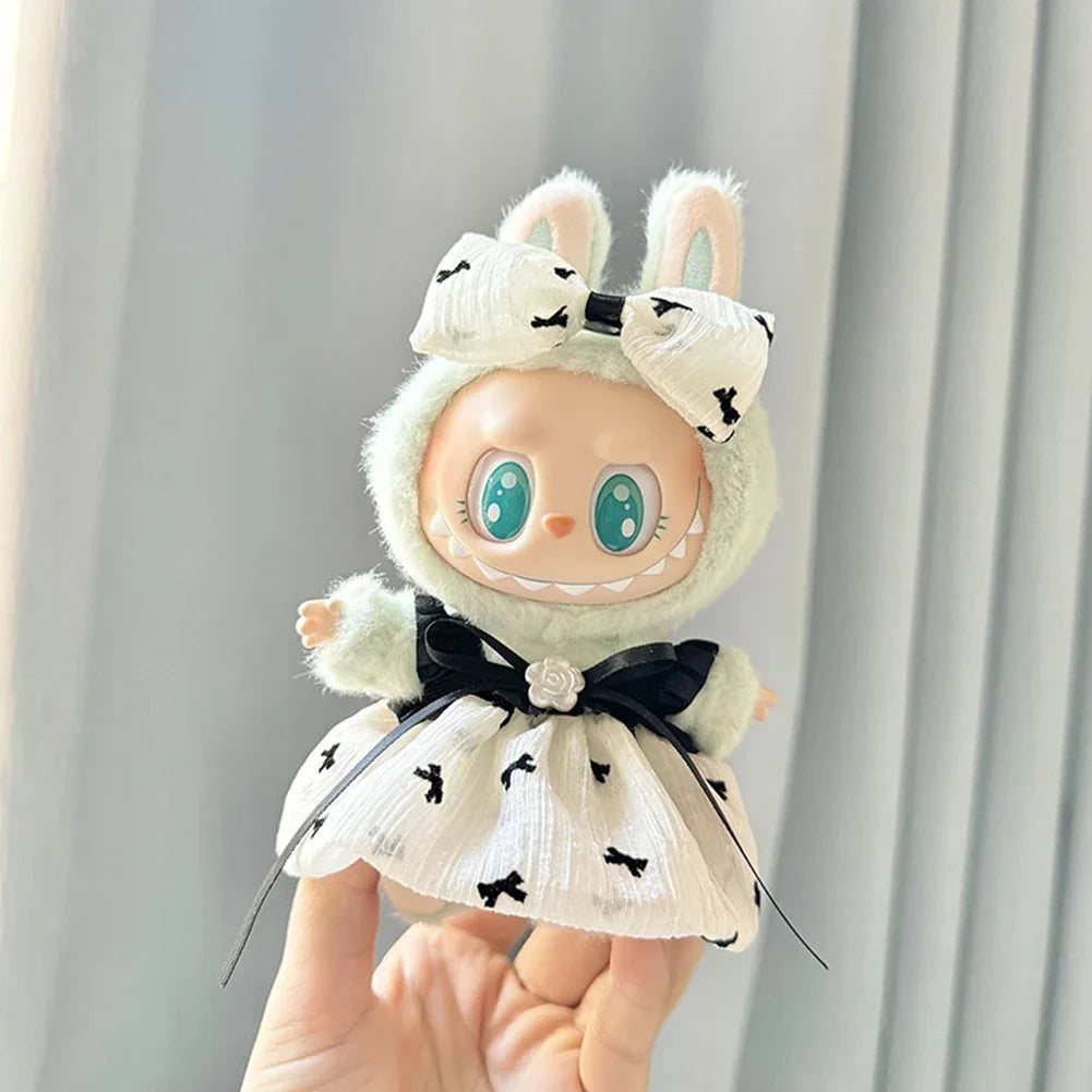EZ 17cm Mini Plush Doll'S Clothes Outfit Accessories For Korea Kpop Labubu Idol Pink bright silk bow princess gauze skirt Clothing