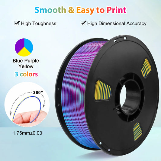 EZ Tricolor Silk PLA 3D Printer Filament, 1.75mm Multicolor 3D Printing Filament, 1kg (2.2lbs) Fit Most FDM 3D Printer