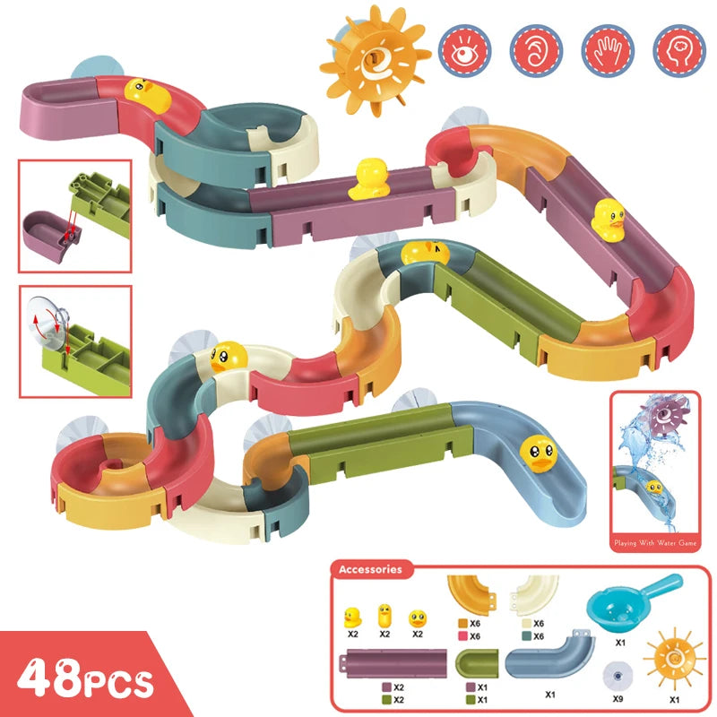 EZ Baby Bath Toys Wall Bathtub Toy Assembling Slide Wind-Up Duck Slide Bathroom Shower Tracks Water Toys for Toddlers Kids Gifts