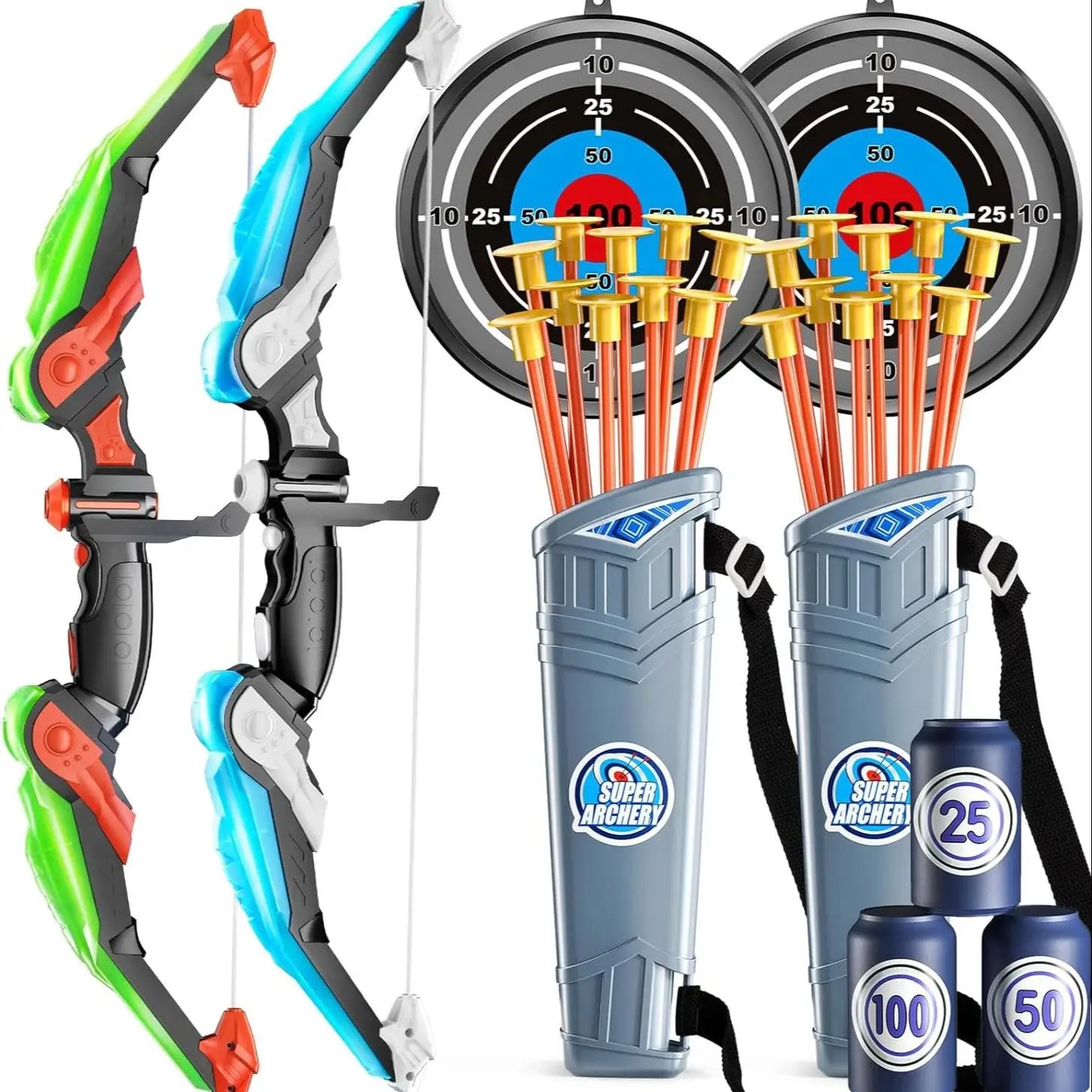 EZ Kids Bow and Arrow Set, LED Light Up Archery Toys Set for Kids Ages 4-8 8-12, with 10 Suction Cup Arrows, Target & Quiver, Boys