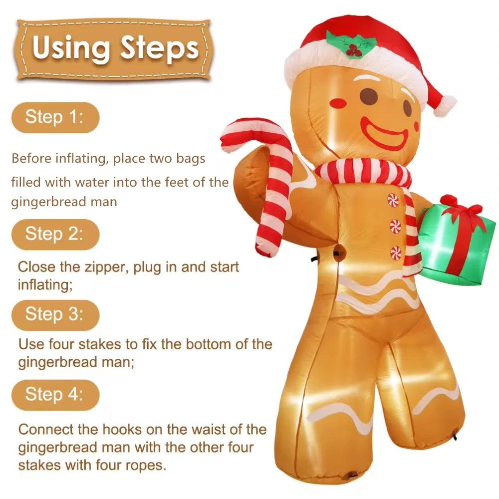 EZ 8FT/2.4M Christmas Inflatables Gingerbread Man with Gift Pack Outdoor Decorations Xmas Yard Decorations with LED Lights for Lawn