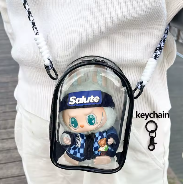 For 15cm Labubu v2 sitting party cotton doll crossbody pain bag pvc storage bag hairball Dolls Display Bag (No dolls)