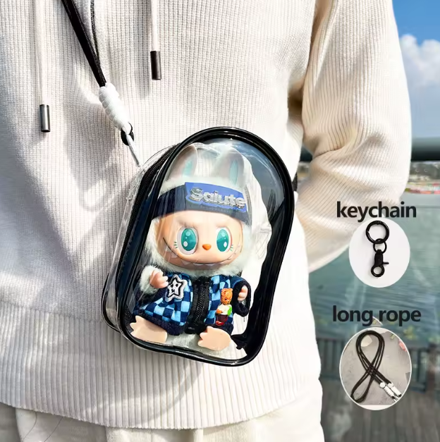 For 15cm Labubu v2 sitting party cotton doll crossbody pain bag pvc storage bag hairball Dolls Display Bag (No dolls)