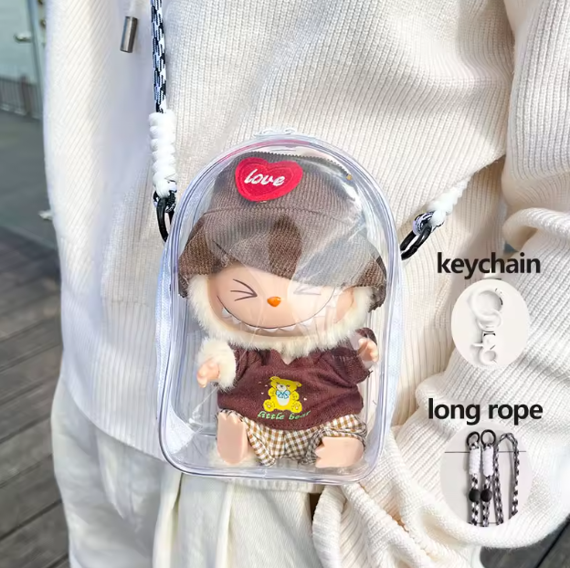 For 15cm Labubu v2 sitting party cotton doll crossbody pain bag pvc storage bag hairball Dolls Display Bag (No dolls)