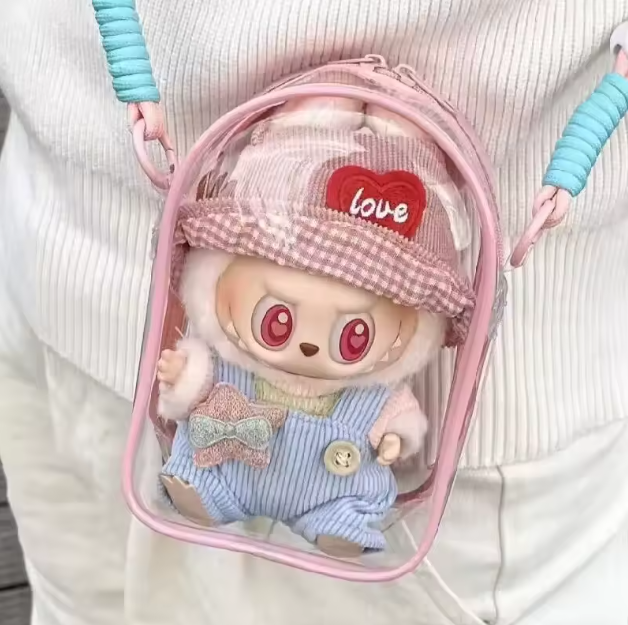 For 15cm Labubu v2 sitting party cotton doll crossbody pain bag pvc storage bag hairball Dolls Display Bag (No dolls)