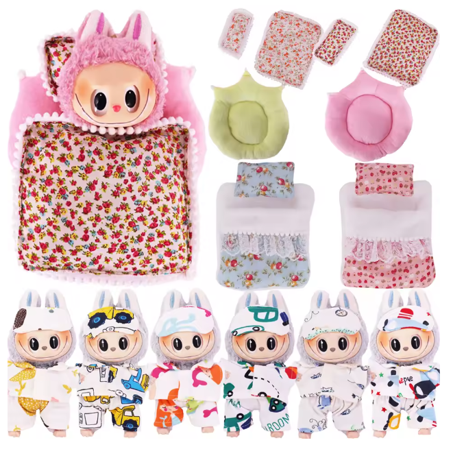 17cm Mini Doll's Accessories Set For Labubu Doll Pop 3Pcs/Set Bed+Quilt+Pillow Pajamas Sleeping Bag Dollhouse Gift,Girl's Toys