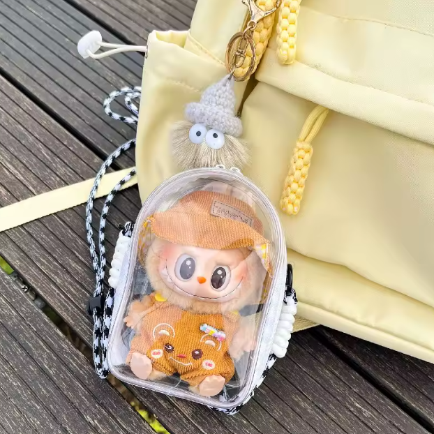 For 15cm Labubu v2 sitting party cotton doll crossbody pain bag pvc storage bag hairball Dolls Display Bag (No dolls)