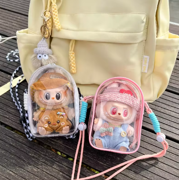 For 15cm Labubu v2 sitting party cotton doll crossbody pain bag pvc storage bag hairball Dolls Display Bag (No dolls)