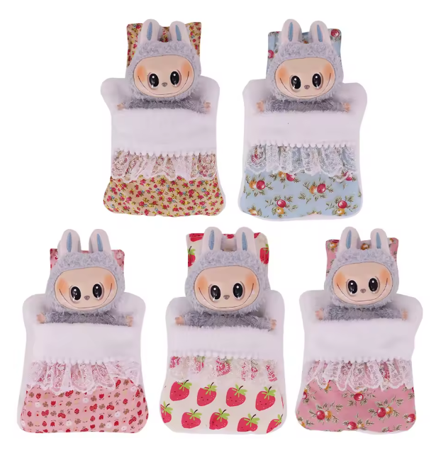 17cm Mini Doll's Accessories Set For Labubu Doll Pop 3Pcs/Set Bed+Quilt+Pillow Pajamas Sleeping Bag Dollhouse Gift,Girl's Toys