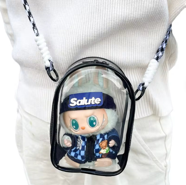 For 15cm Labubu v2 sitting party cotton doll crossbody pain bag pvc storage bag hairball Dolls Display Bag (No dolls)