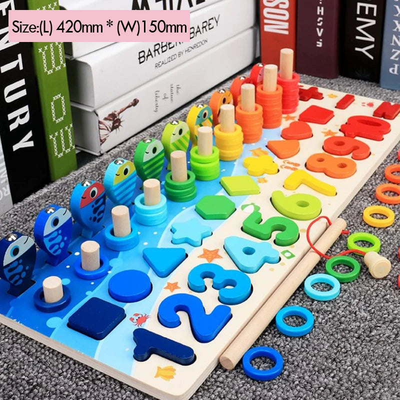 EZ Kids Montessori Math Toys For Toddlers Educational Wooden Puzzle Fishing Toys Count Number Shape Matching Sorter Games Board Toy