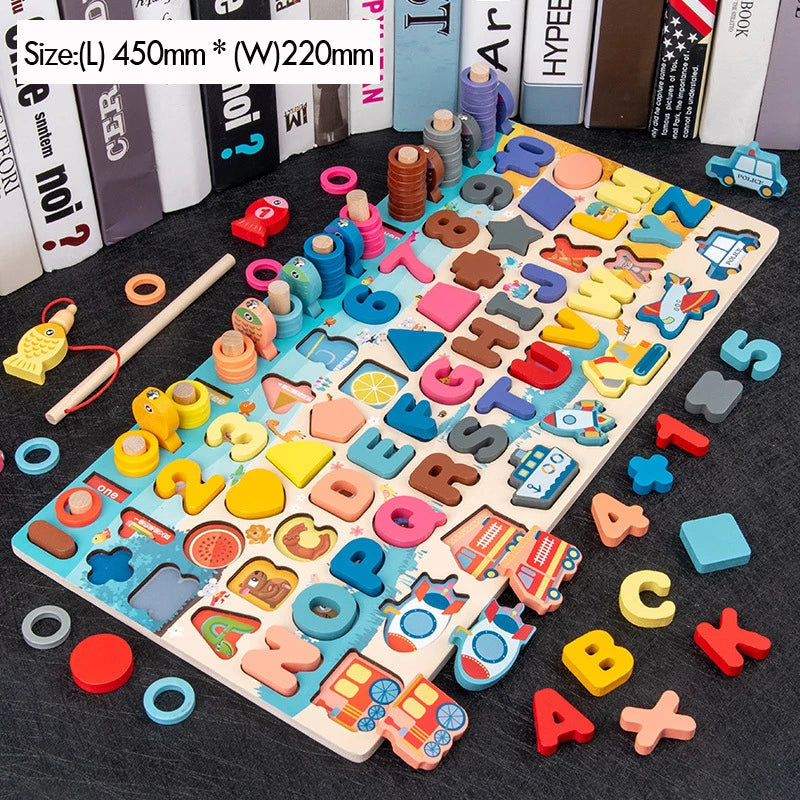 EZ Kids Montessori Math Toys For Toddlers Educational Wooden Puzzle Fishing Toys Count Number Shape Matching Sorter Games Board Toy