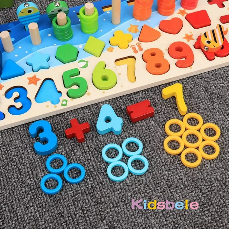 EZ Kids Montessori Math Toys For Toddlers Educational Wooden Puzzle Fishing Toys Count Number Shape Matching Sorter Games Board Toy