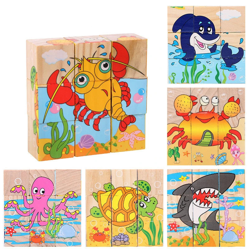 EZ Baby Wooden Blocks Toys Children Six Side Cube Jigsaw Puzzles Game Animal Fruit Traffic Cognize Early Learning Educational Toys