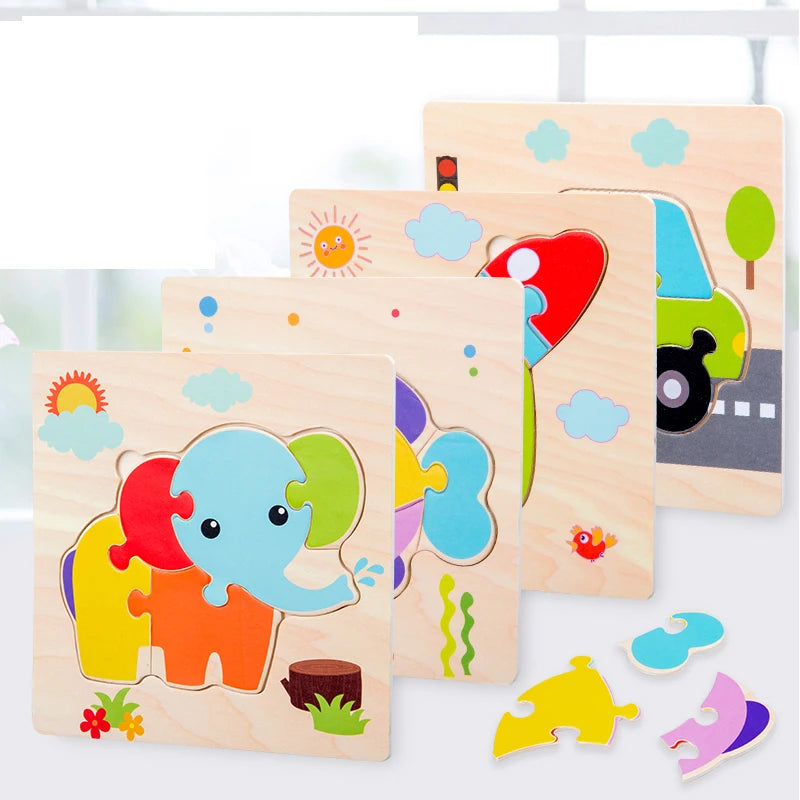 EZ Baby Wooden 3D Puzzles Tangram Shapes Learning Educational Cartoon Animal Intelligence Jigsaw Toys For Children Gift