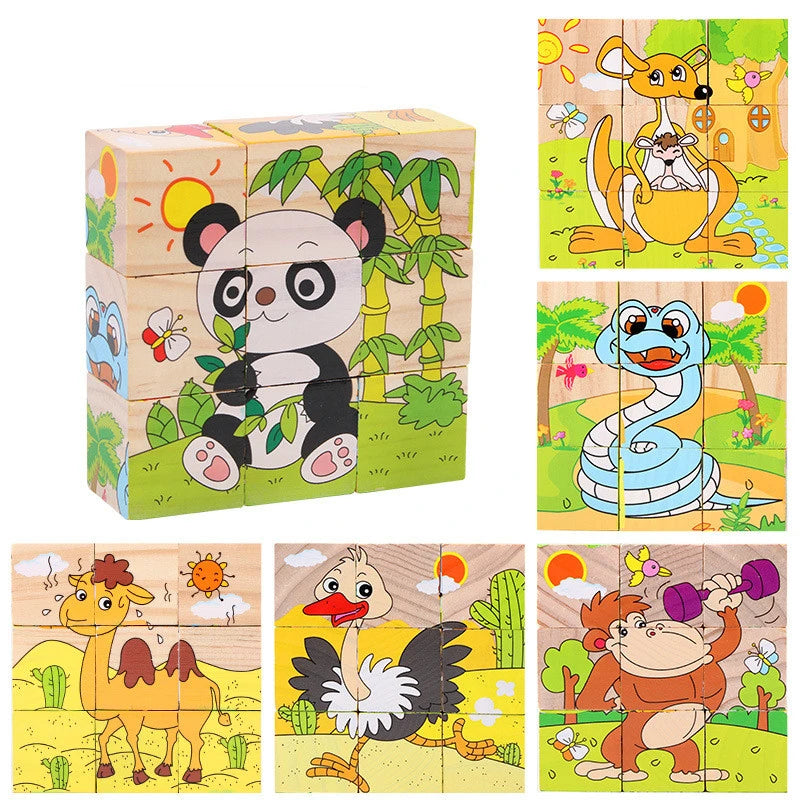 EZ Baby Wooden Blocks Toys Children Six Side Cube Jigsaw Puzzles Game Animal Fruit Traffic Cognize Early Learning Educational Toys