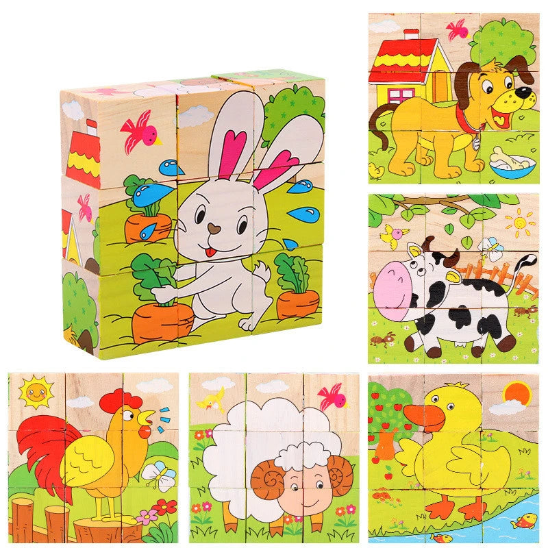 EZ Baby Wooden Blocks Toys Children Six Side Cube Jigsaw Puzzles Game Animal Fruit Traffic Cognize Early Learning Educational Toys