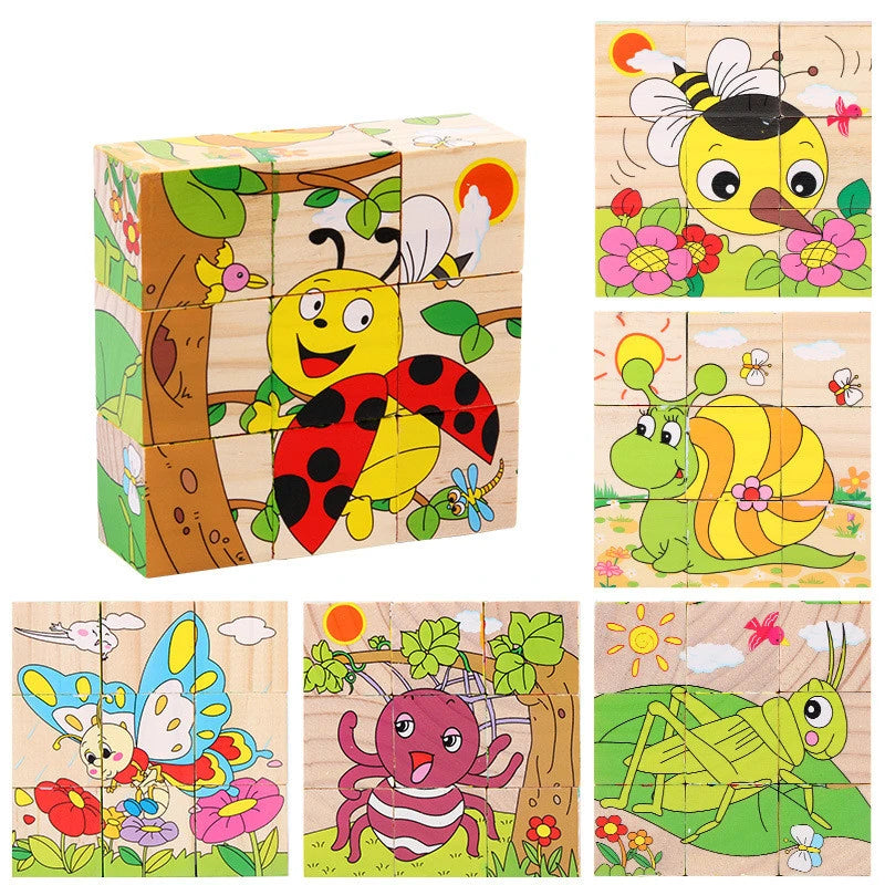 EZ Baby Wooden Blocks Toys Children Six Side Cube Jigsaw Puzzles Game Animal Fruit Traffic Cognize Early Learning Educational Toys