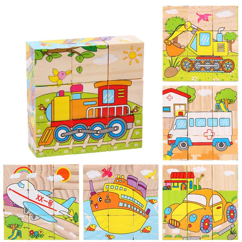 EZ Baby Wooden Blocks Toys Children Six Side Cube Jigsaw Puzzles Game Animal Fruit Traffic Cognize Early Learning Educational Toys