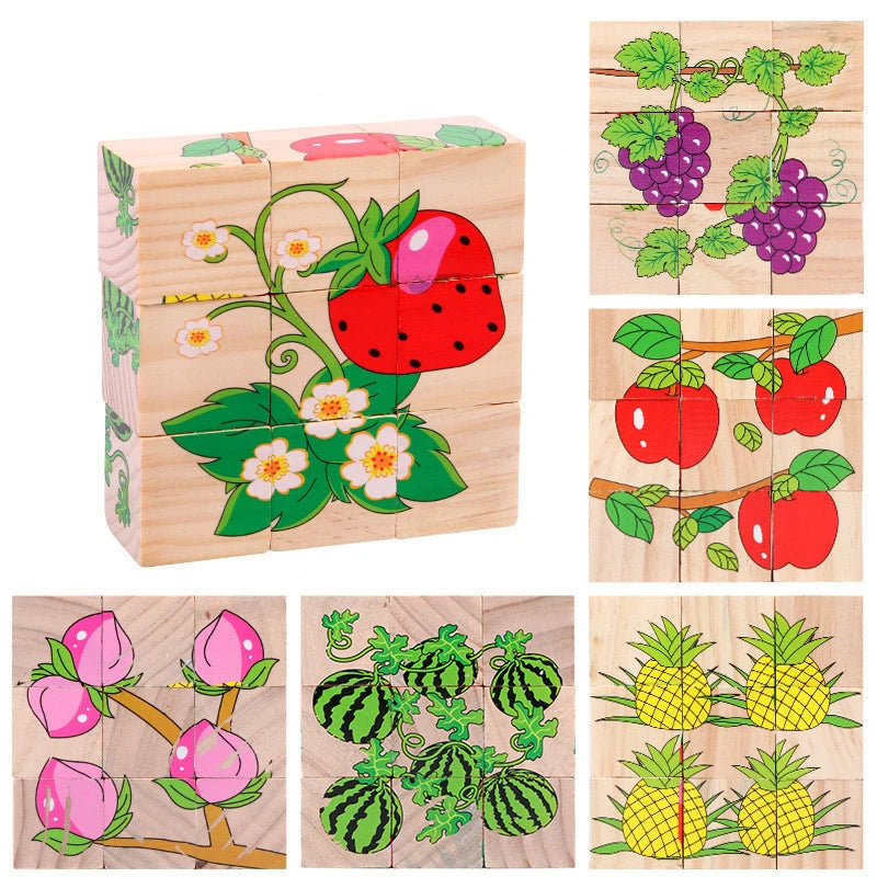EZ Baby Wooden Blocks Toys Children Six Side Cube Jigsaw Puzzles Game Animal Fruit Traffic Cognize Early Learning Educational Toys