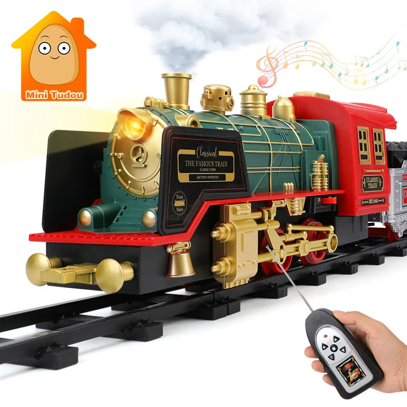 EZ Remote Control Track Train Car Classical Simulation Water Steam Electric Railway Set Christmas Gift Educational Toy For Children