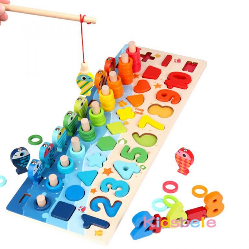 EZ Kids Montessori Math Toys For Toddlers Educational Wooden Puzzle Fishing Toys Count Number Shape Matching Sorter Games Board Toy