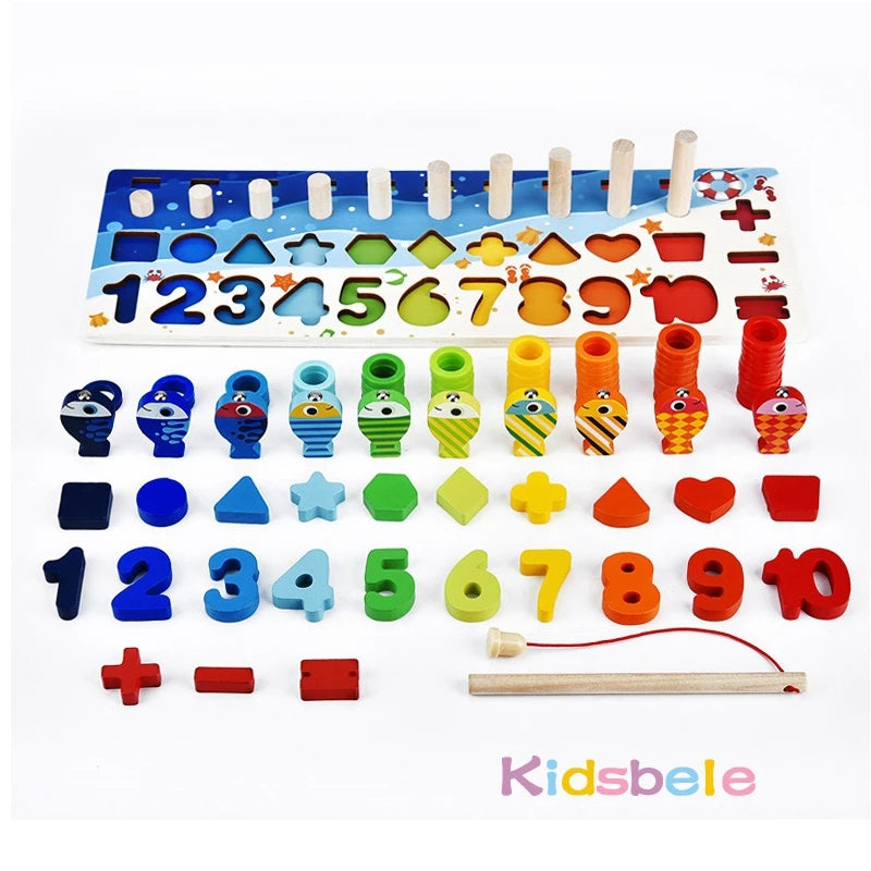 EZ Kids Montessori Math Toys For Toddlers Educational Wooden Puzzle Fishing Toys Count Number Shape Matching Sorter Games Board Toy