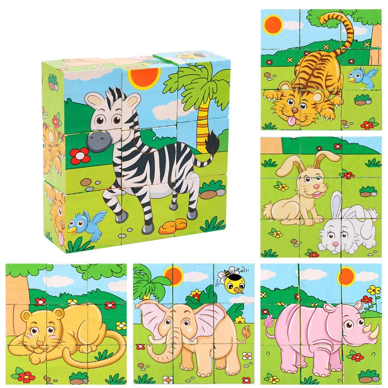 EZ Baby Wooden Blocks Toys Children Six Side Cube Jigsaw Puzzles Game Animal Fruit Traffic Cognize Early Learning Educational Toys