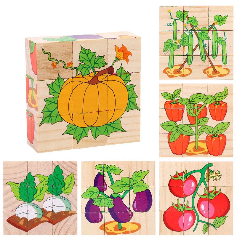 EZ Baby Wooden Blocks Toys Children Six Side Cube Jigsaw Puzzles Game Animal Fruit Traffic Cognize Early Learning Educational Toys