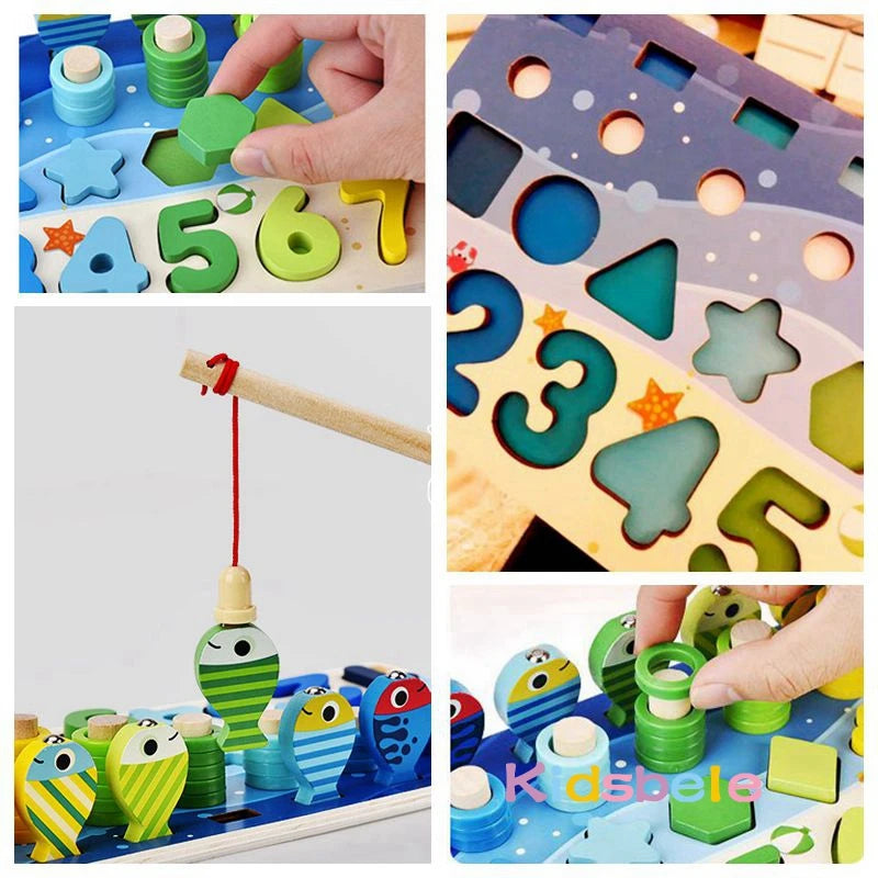 EZ Kids Montessori Math Toys For Toddlers Educational Wooden Puzzle Fishing Toys Count Number Shape Matching Sorter Games Board Toy