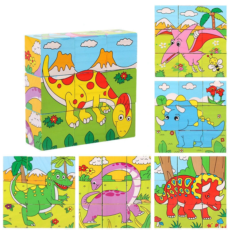 EZ Baby Wooden Blocks Toys Children Six Side Cube Jigsaw Puzzles Game Animal Fruit Traffic Cognize Early Learning Educational Toys