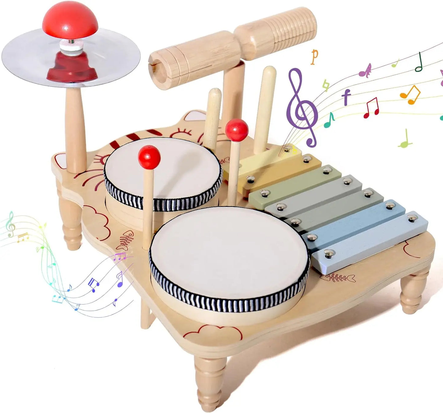 EZ Wooden Xylophone Drum Set For Toddlers,Montessori Baby Musical Instruments Toys, Drum Set Percussion Instruments Musical Toys