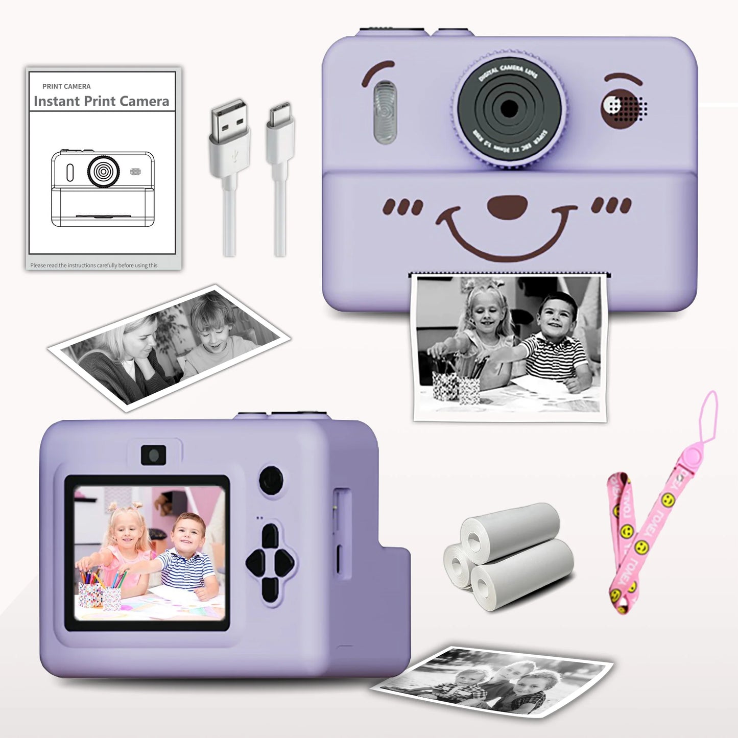 EZ kids instant camera with 3 rolls thermal paper photo&video&games 1080p HD screen 1500mAh lithium battery  gift for boys&girls