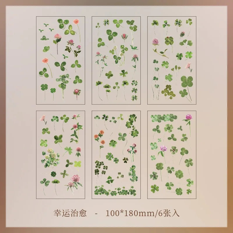 EZ JIANQI 6pcs/pack Transparent PET Stickers Scrapbooking Materials DIY Junk Journal Collage Floral Leaves Plants Decor Stickers