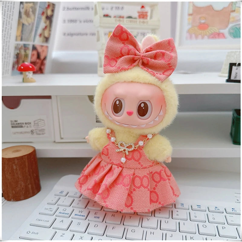 EZ For 17cm Labubu Mini Doll Clothes Outfit Four-leaf Flowers Hat Overalls Clothes Loafer Shoes Doll Accessories Sitting Party