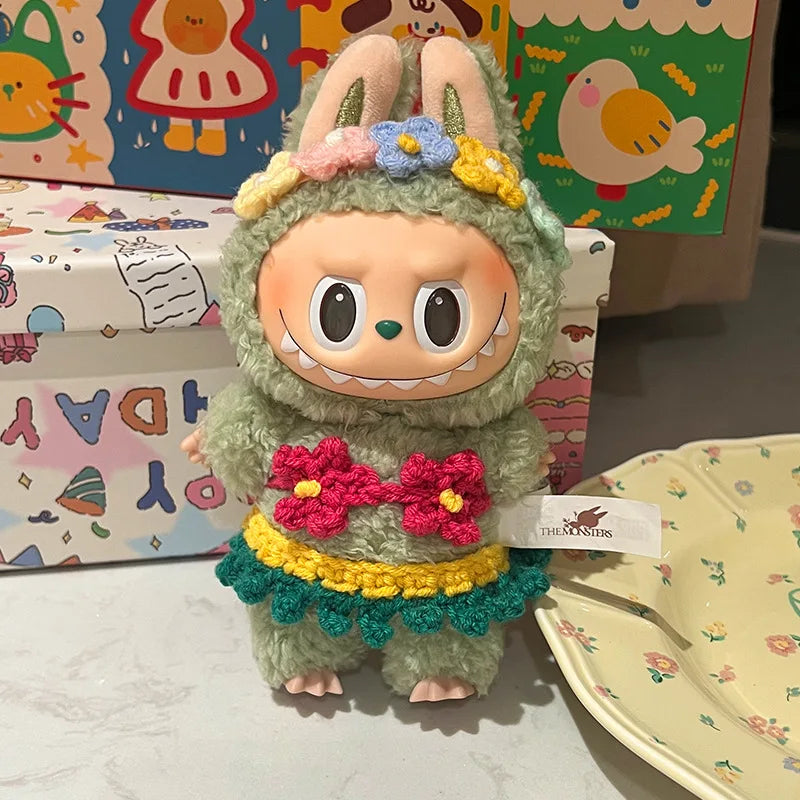 EZ Labubu Clothes 15/17cm V1 V2 V3 Doll Mini Plush Doll Hawaiian Style Bikini Grass Skirt Hair Band 3PCS/Pack Swimsuit Accessories