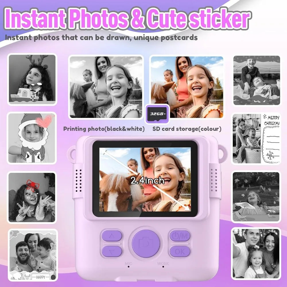 EZ Instant Print Camera for Kids, HD Digital Video Cameras, Portable Toy for 4-10 Year Old Girls Boys with 32GB SD Card-Purple