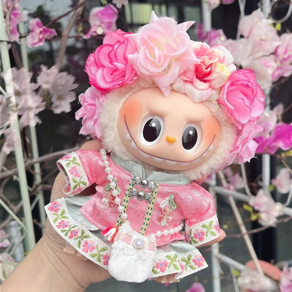 EZ Chinese Qipao Hairpin Flower Dress for Labubu 3.0 Outfit Summer Countryside Princess Doll Clothes for V1/V2/V3 Labubu
