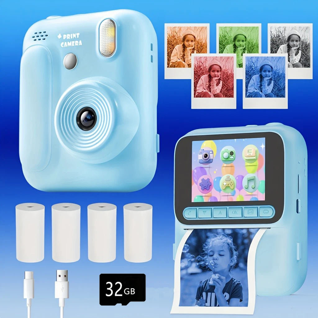 EZ Kids Instant Camera Color Printing Camera 32GB 1080P Thermal Print Toys Camera Print Photo Video Games Music Children Gift