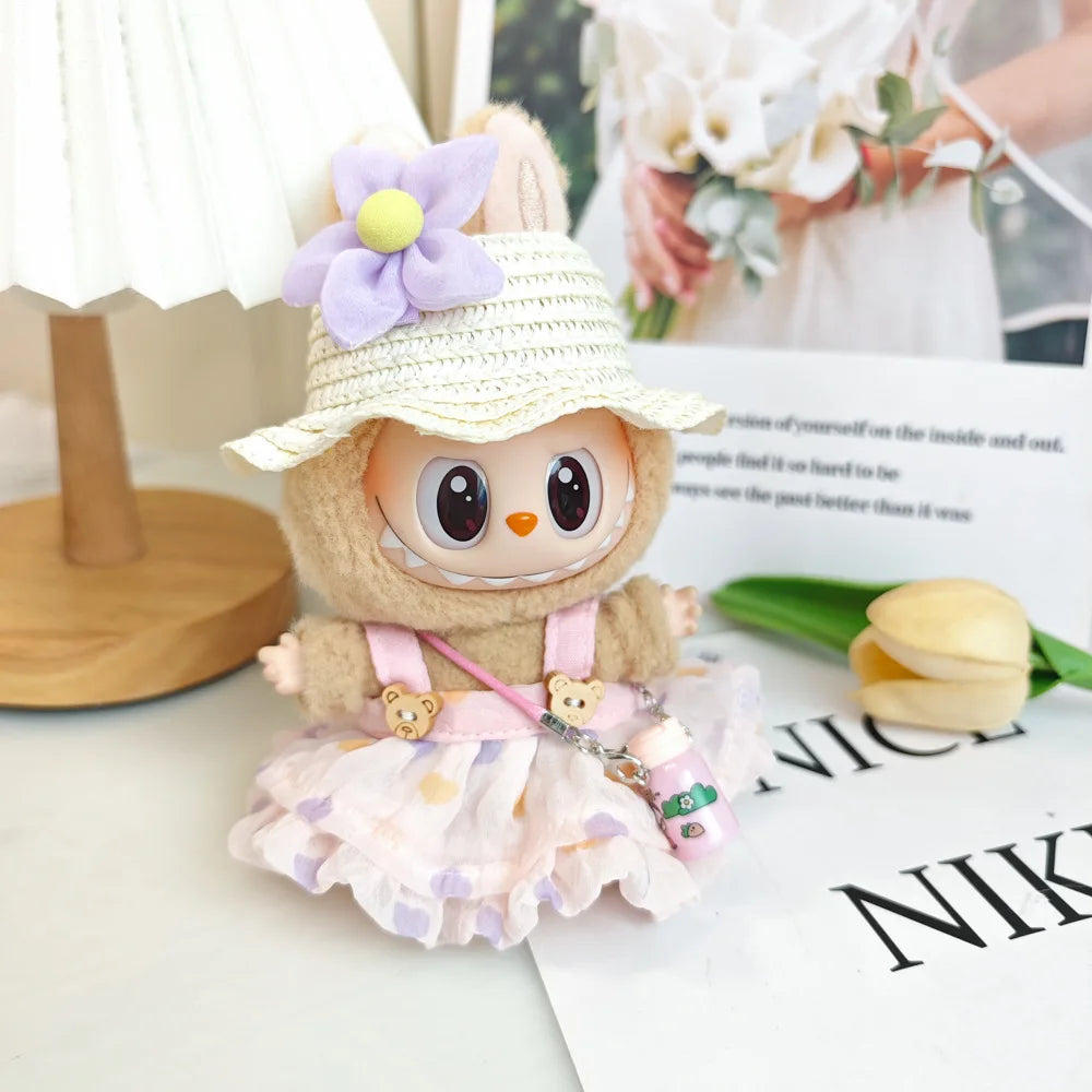 EZ Wrinkled Dress Knitted Straw Hat Vacation Style For 17cm Plush Doll Outfit Perfect Labubu Accessories Ropa Labubu