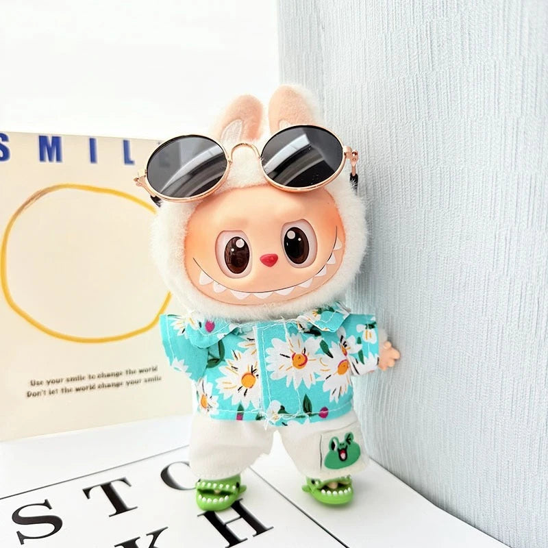 EZ 1 Set Hawaii Original Luxury Clothes for Labubu V1 V2 Cute Shark Duck Shoes Shirt Pants Glasses Beach Clothes Suit for Labubu