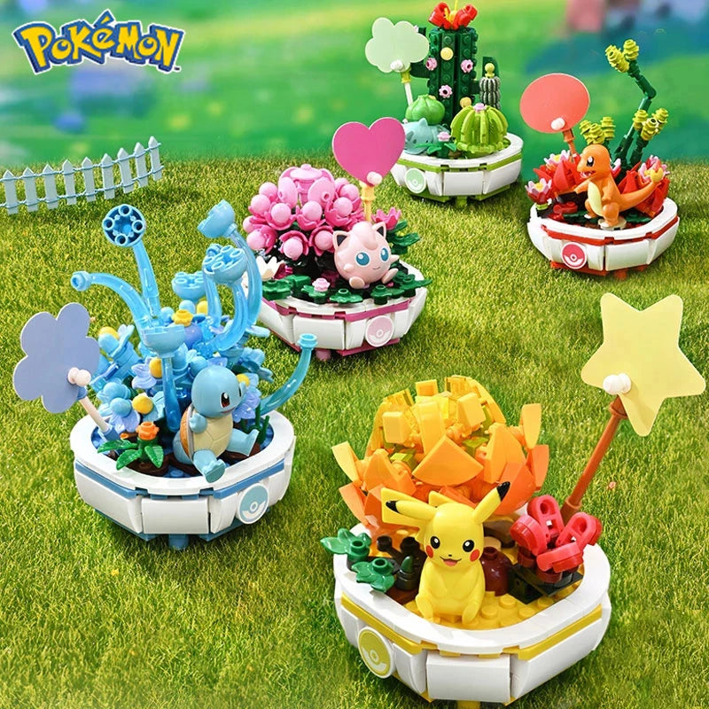 EZ New Pokemon Building Block Pikachu Charmander Squirtle Model Toy Home Decoration Plant Potted Flower Brick Girl Toy Child Gift