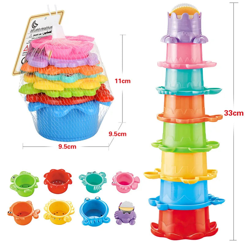 EZ Stacking Cup Bath Toys for Kids Colorful Folding Boat Shape Tower Early Educational Baby Toys Swimming Pool Beach Toys Gifts