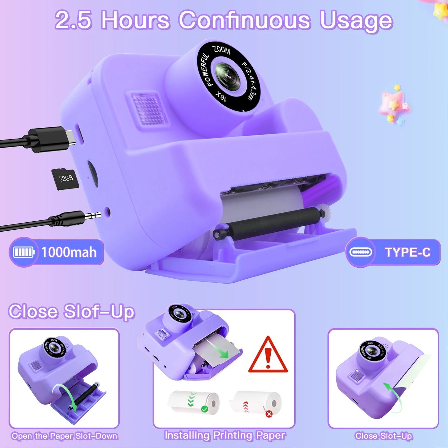 EZ Kids Camera Instant Print Toddler Cameras Thermal Printing Camera Birthday Gifts Toys For Boy Girl Age 3-12 With MP3 Video Game