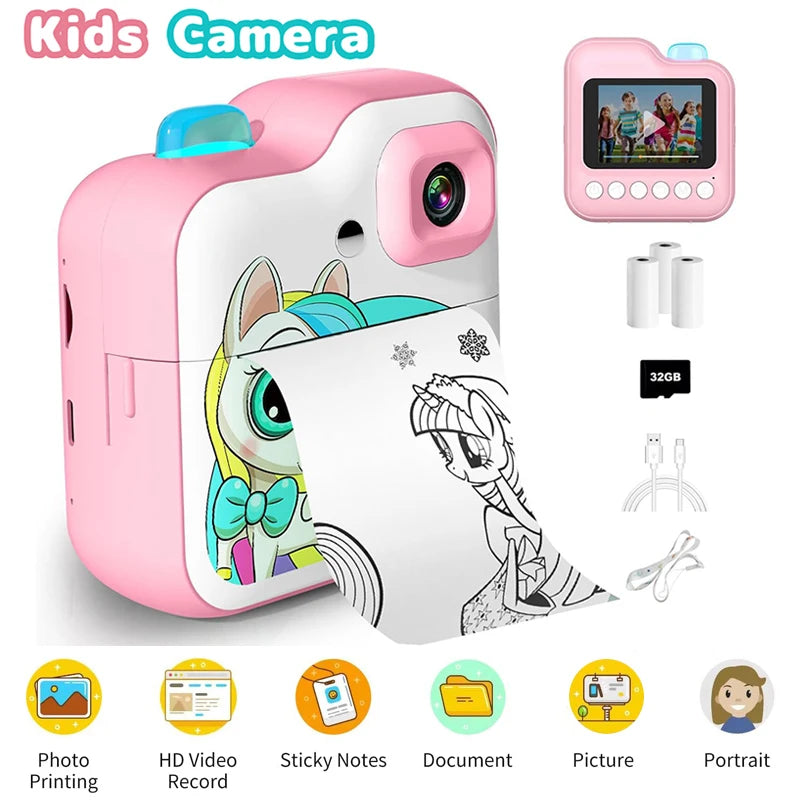 EZ Children Camera Mini Instant Print Digital Camera 32G TF Card Inkless Printing Paper Kids Video Educational Toys For Kids Gift